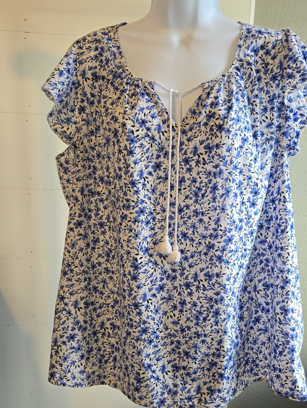 Blue Floral Peasant Blouse with Tie Neck